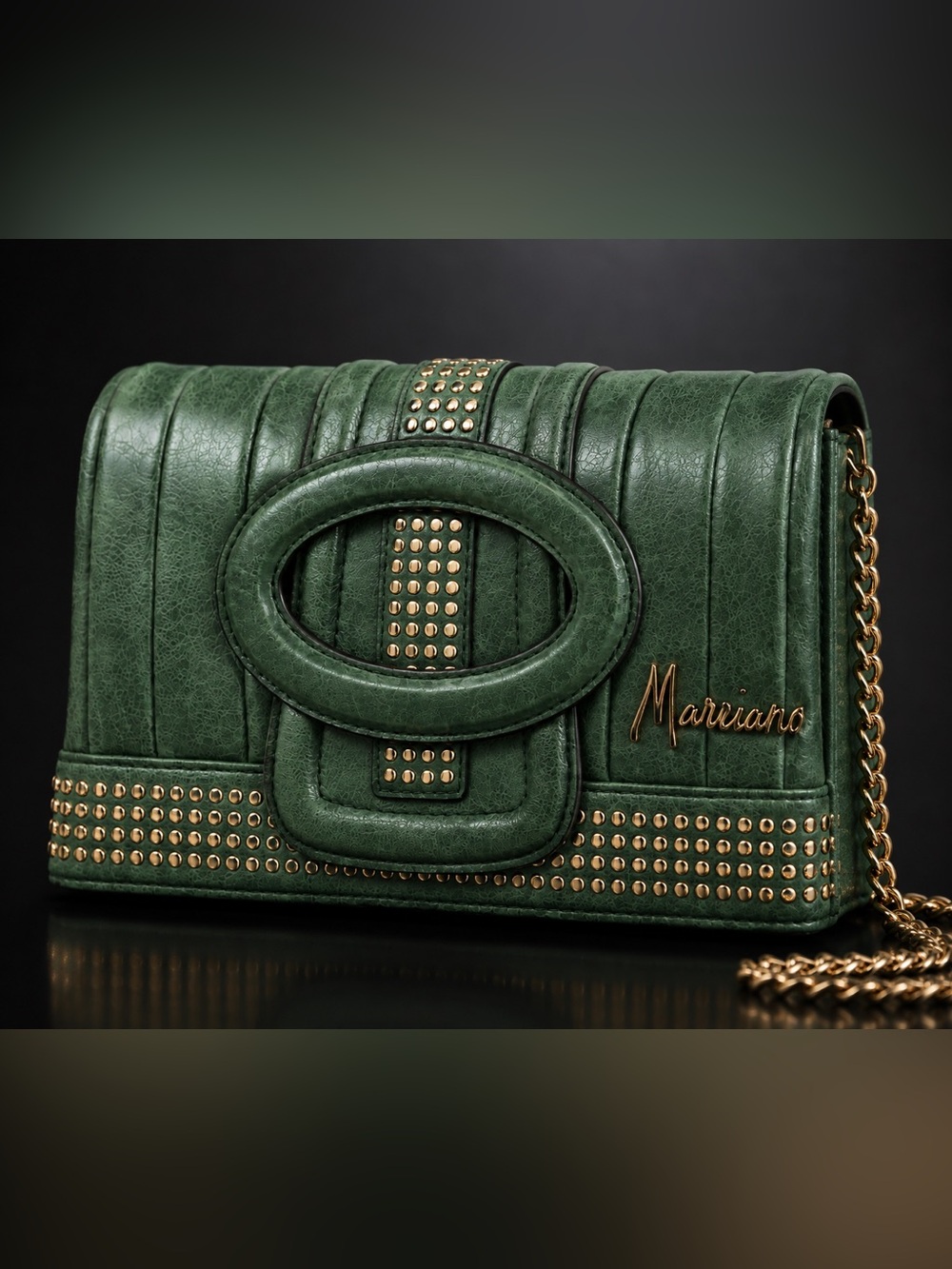 Marciano Green Quilted Fold-Over Clutch with Gold Studs